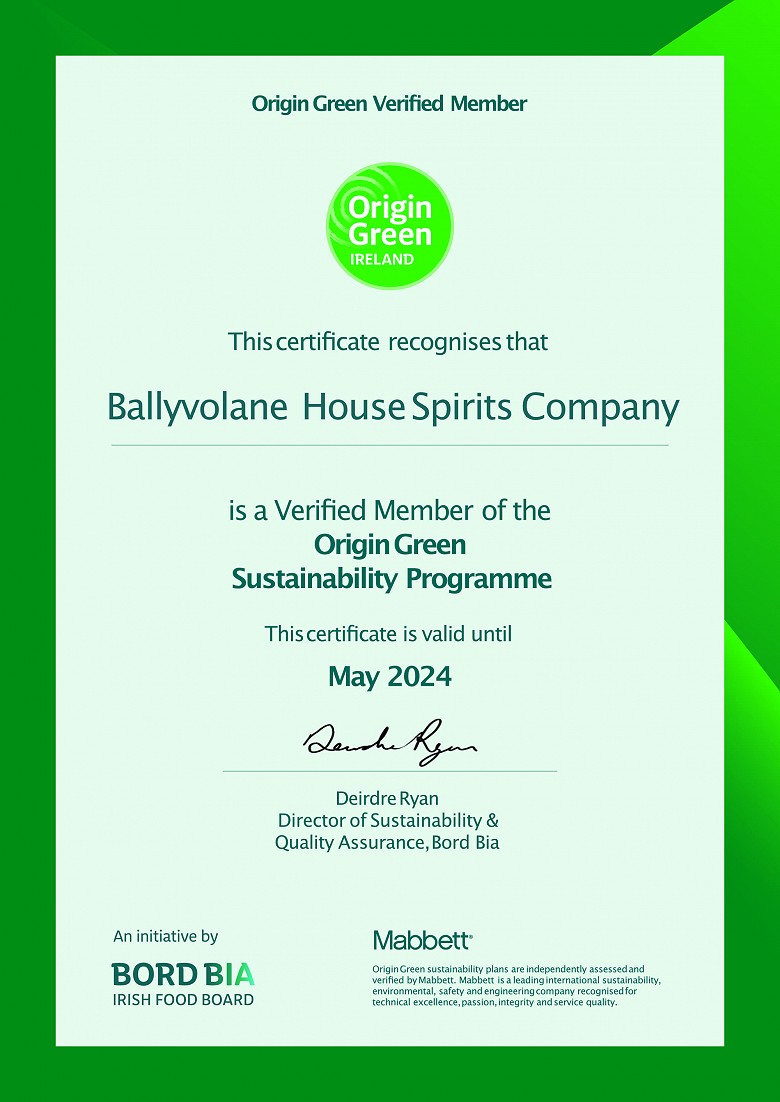 Ballyvolane House Spirits Co. Ltd awarded Bord Bia Origin Green Certification.