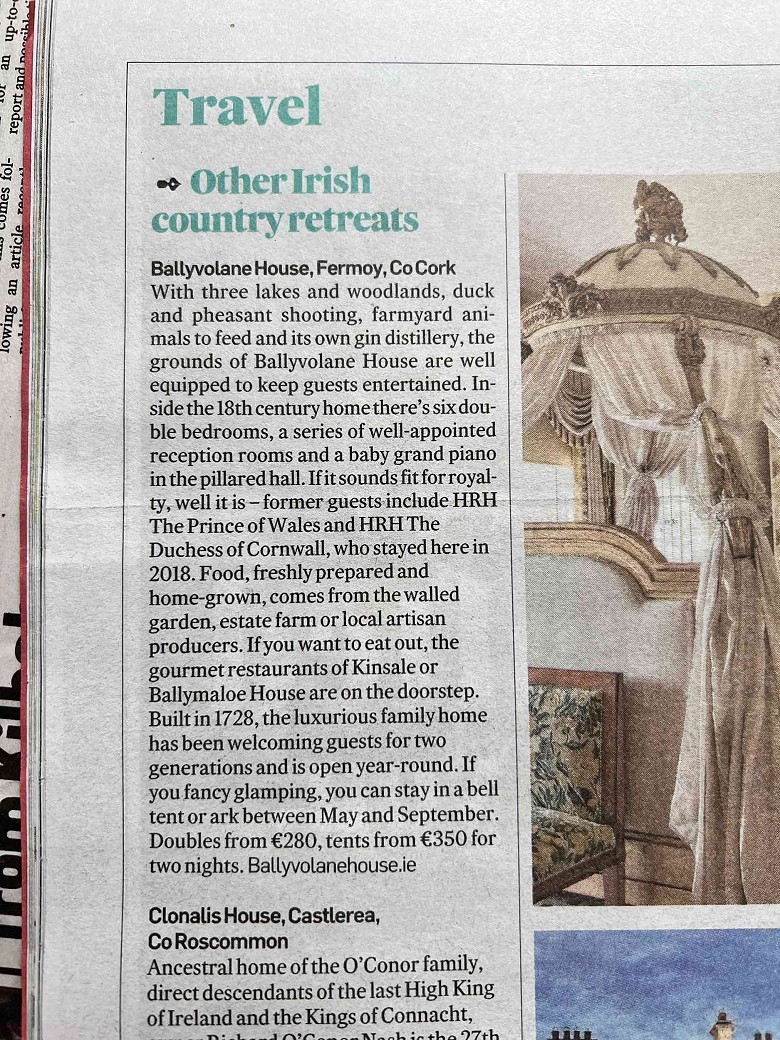 Ballyvolane House featured in The Irish Times ‘Country house retreats: Gorgeous guesthouses around Ireland to indulge your inner Lord or Lady’ by Bernadette Fallon