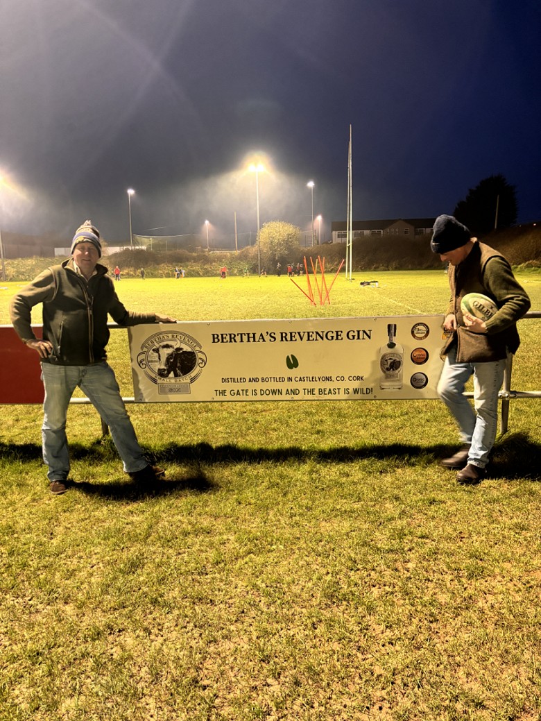 Bertha's Revenge Gin pitchside sign sponsorship at Fermoy Rugby Club