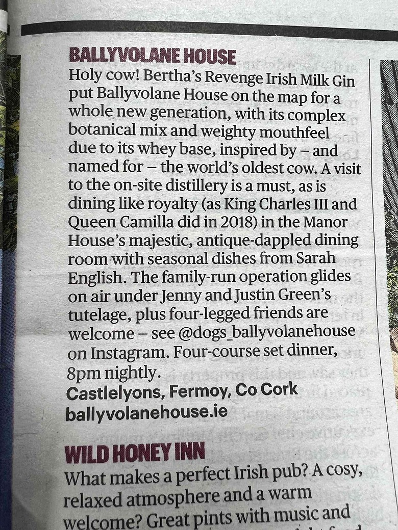 Ballyvolane House featured in The Sunday Times 100 Great Places to Stay 2023