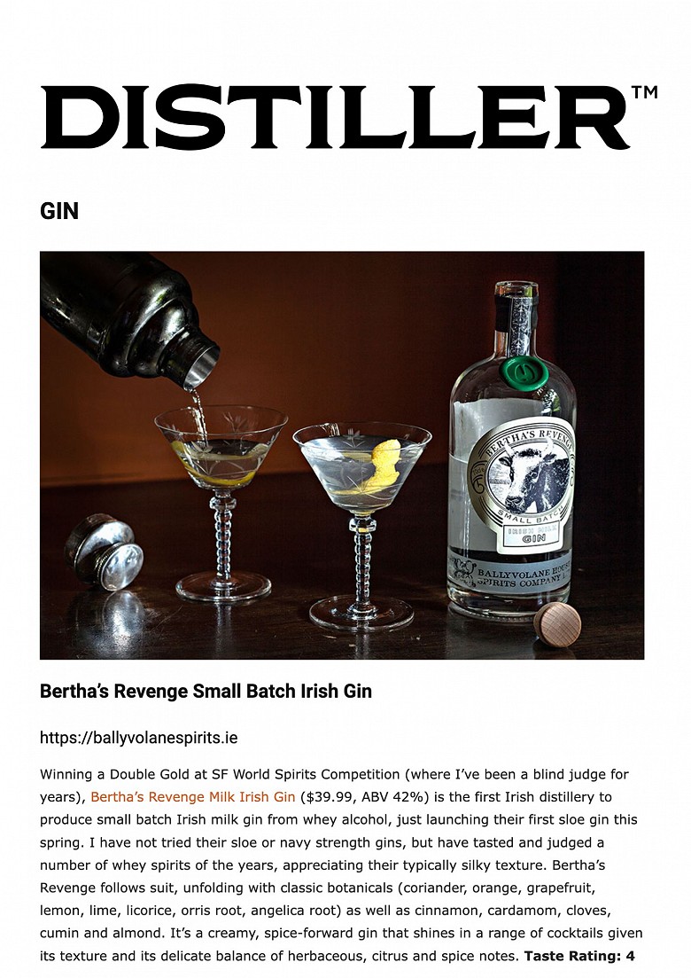 Distiller Magazine review of Bertha's Revenge Gin